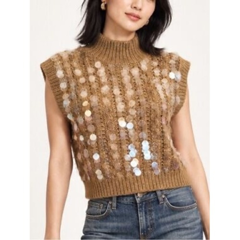 ZARA Brown Cable Knit Sequin Mock Neck Sweater Vest Sleeveless Top - Small